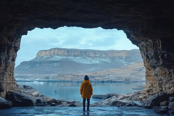 Person in cave entrance looking at mountainous landscape with water on a cloudy day, wearing yellow jacket