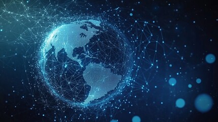 Glowing Digital Network and Globe on Abstract Blue Background