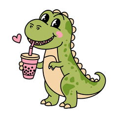 Cute Dinosaur Drinking Bubble Tea Cartoon Illustration