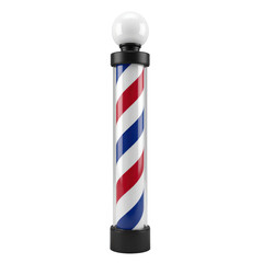 Classic barber pole with red, white, and blue stripes, topped with a globe light.