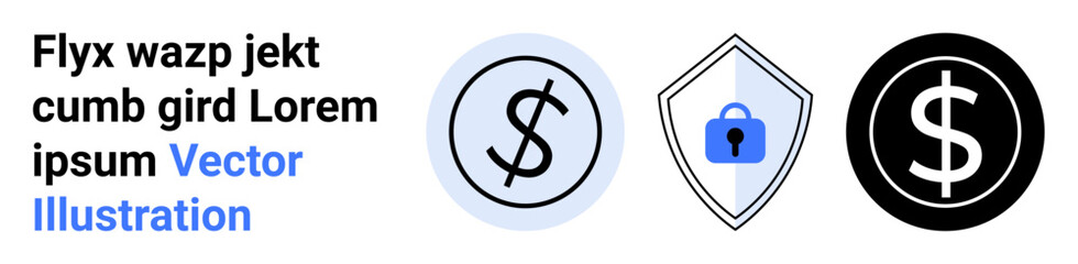 Dollar sign in circle, lock in shield, and dollar sign in black circle. Ideal for finance, economy, security, banking, blockchain, digital payments flat landing page banner