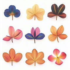 Obraz premium Nine vibrant plumeria flower petals in various colors and arrangements are displayed against a clean white background creating a symmetrical and aesthetically pleasing floral