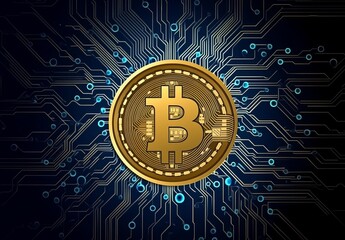Central Bitcoin Coin on Intricate Circuit Board Pattern with Dark Blue Background Symbolizing Digital Currency Network Integration