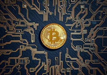 Central Bitcoin Coin on Intricate Circuit Board Pattern with Dark Blue Background Symbolizing Digital Currency Network Integration