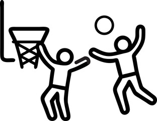 Two stick figures playing basketball, one attempting shot while other defends near hoop. simple line drawing captures dynamic movement and competitive spirit of game