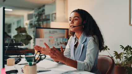 Video call, creative and business woman on computer for virtual meeting, talking or interview....