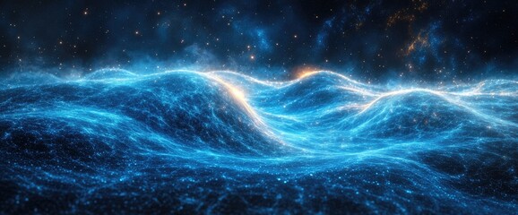 Abstract blue digital wave landscape with glowing particles against dark space background