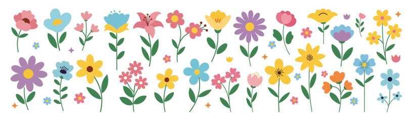 Flat vector collection of colorful spring flowers in various shapes and sizes with green leaves, arranged on a white background in a playful, hand-drawn style