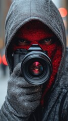 Person in hood, red mask, holding camera. Focus on camera lens and eyes with blurred background