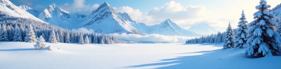 Obraz premium Frozen landscape with snow-covered mountains and trees, frost, serene, winter
