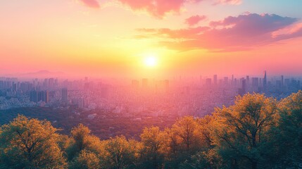 City skyline emerges from haze. Soft light paints the sky. Trees in the foreground