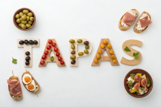 Tapas spelled out using ingredients like olives, meats, shrimp, and vegetables, styled as miniature bites
