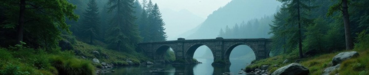 Misty fir forest landscape with old stone bridge, rocky terrain, wooden gate, forest landscape