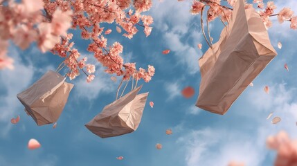 Colorful shopping bags falling with sakura tree on color background,spring season sale, shopping online season,holiday winter shopping bags and gift boxes,space for text.