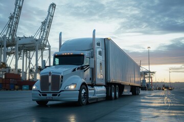 A white semi truck parked near a busy shipping terminal