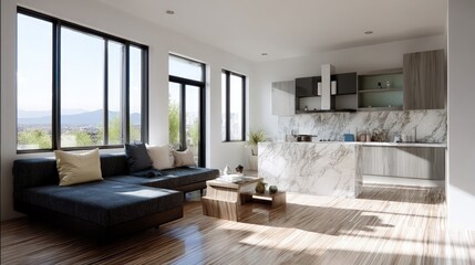 Fototapeta premium Modern open-plan apartment with kitchen and living area