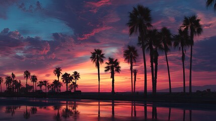 Sunset palms on beach reflected in water