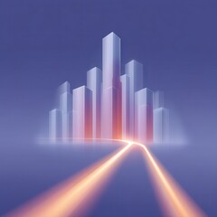Fototapeta premium A futuristic cityscape with glowing skyscrapers and a bright pathway leading toward them, set against a soft purple background.