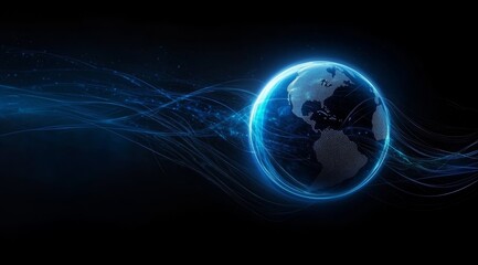Obraz premium Abstract Planet Earth with Global Network Connectivity and Data Transfer Concept on Blue Background with Dark Gradient and Cinematic Lighting for Technology Banner