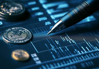 Close-Up of Pen Writing on Financial Chart with Coins and Graphs, Blue and Gray Tones, High-Resolution Business Analysis Concept