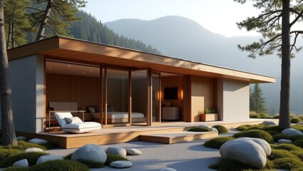 Tranquil modern house in the woods with a serene atmosphere surrounded by lush green trees and nature creating a perfect retreat for relaxation and reflection