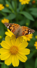 Obraz premium Small brown butterfly with orange wing tips resting on a vibrant yellow daisy-like flower, close-up showcasing contrast and natural interaction.