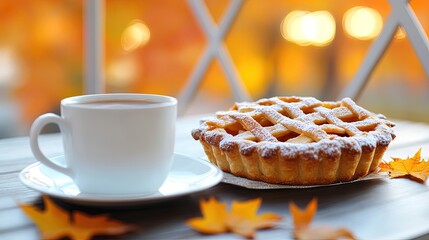 Autumnal treat warm tea and apple pie