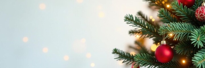 Christmas tree against white background with fairy lights and ornaments,  twinkling fairy lights,  festive atmosphere,  snowy landscape