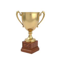 A shiny golden trophy with two handles and a wooden base, perfect for awards ceremonies.