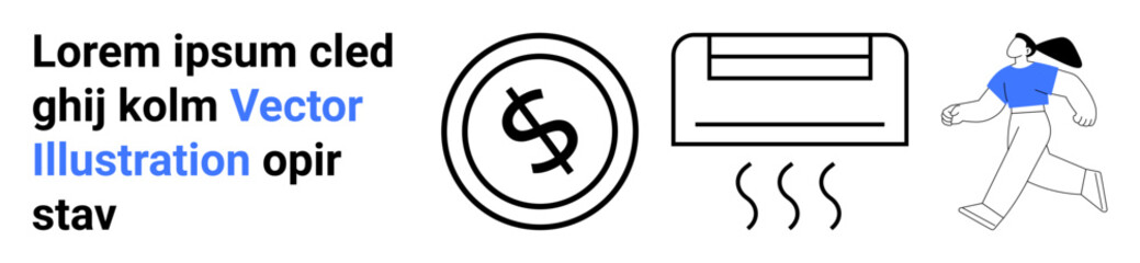 Dollar sign indicating expenses, air conditioner emitting air, person walking briskly. Ideal for finance, energy efficiency, climate control, health, lifestyle, comfort abstract line flat metaphor