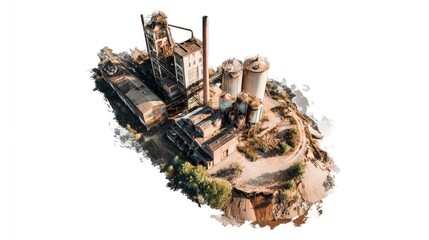 Abandoned factory complex, aerial view, artistic treatment