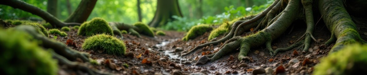 Obraz premium Muddy forest floor with twisted tree roots and moss-covered rocks, decay, grunge