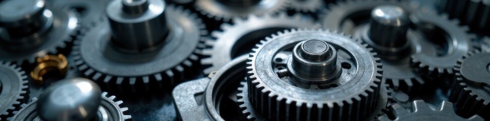 Close-up of shiny silver mechanical gears and axles with intricate patterns, silver metal texture, technical details, precision