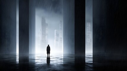 Figure stands in a dark hall with light beams and a reflective floor.