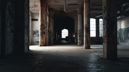 Abandoned factory interior, dim light