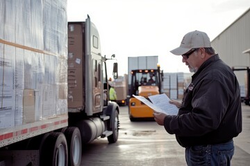 A man is reviewing paperwork near a semi truck
