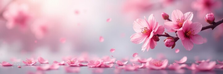 Soft pink sakura petals gently fall on a serene misty background with delicate cherry blossoms blooming in full view, cherry, mist