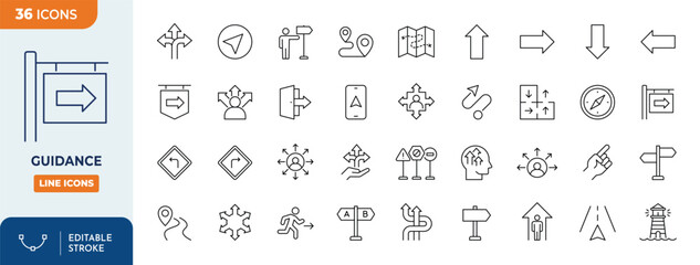 Guidance icon set. Contains icons related to guidance, direction, and more. Outline Icon Collection. Vector illustration. Editable stroke	