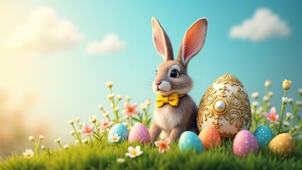 Cheerful Anthropomorphic Easter Bunny Holding Intricately Decorated Egg with Spring Flowers - High-Resolution Studio Shot with Pastel Background for Commercial Use