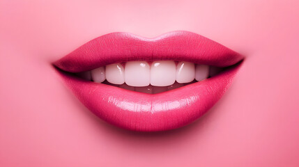 Obraz premium Rosy Smile: A close-up of perfectly shaped, glossy, full lips and bright teeth against a soft pink backdrop. Expressing a sense of beauty and self-care.