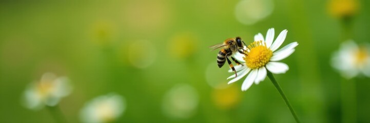 Small black and yellow striped bee hovering around a white flower in mid air , small insect, bee icon