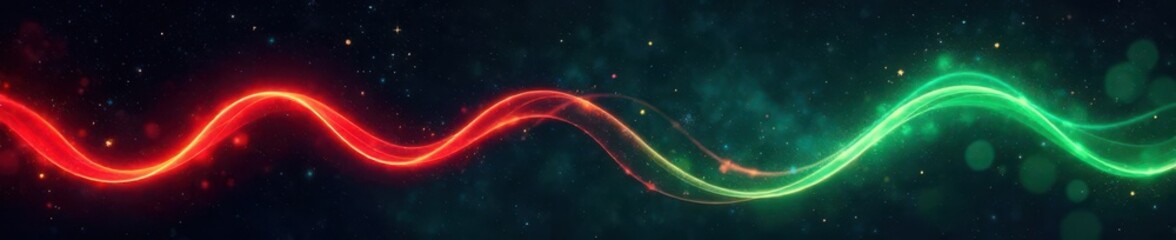 Obraz premium Swirl ribbons in red and green on black background with starry night sky effect, dark background, swirl design