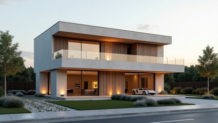 Fototapeta premium Modern minimalist house with a unique architectural style emphasizing natural light and open spaces surrounded by beautiful greenery and contemporary outdoor living areas