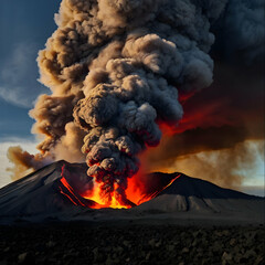 A powerful volcano eruption with molten lava flowing intensely down its rugged sides, capturing the raw energy of nature. The volcano is surrounded by a tumultuous scene with thick.