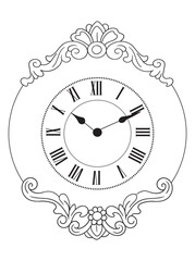 Black and white vintage clock illustration for coloring books. Retro timepiece drawing, ideal for adult coloring pages and printable creative activities.