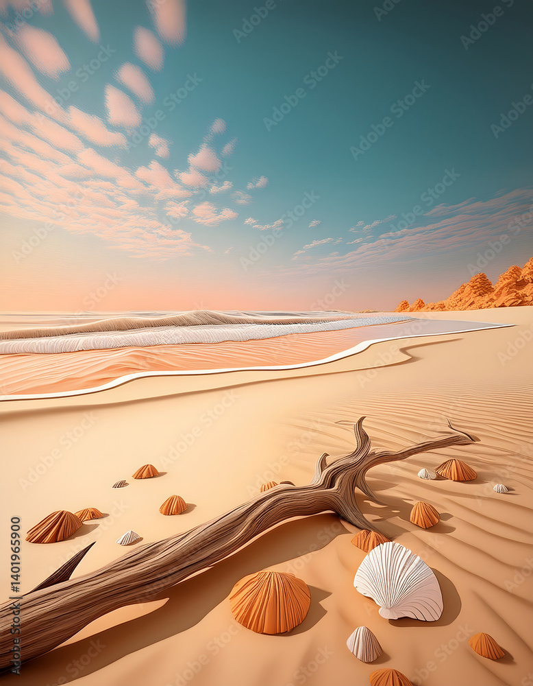 Aufkleber serene beach scene with shells and driftwood under a colorful sky