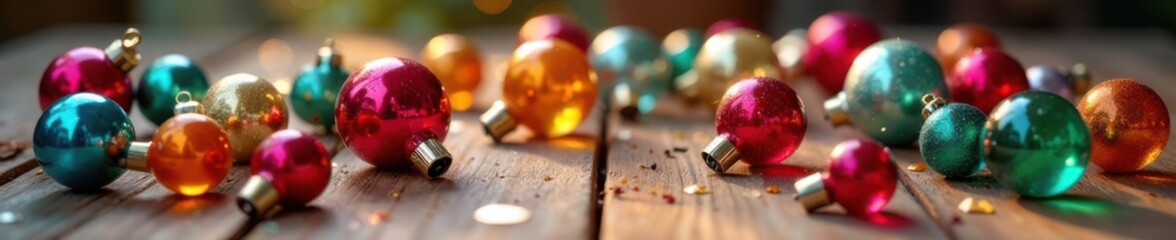 Colorful glass ornaments scattered on a wooden table, wooden, ornaments scattered