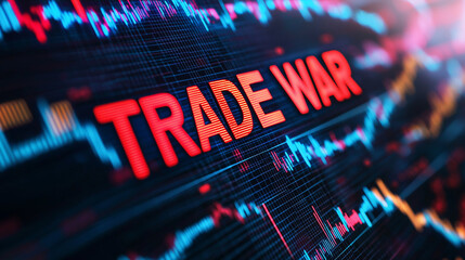 Glowing red text reading "TRADE WAR" is displayed on a futuristic digital screen filled with financial data and graphs.
