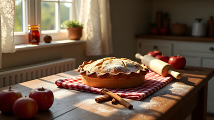 Warm autumn kitchen scene with fresh apple pie and baking ingredients in morning light. Cozy homemade seasonal nostalgia.