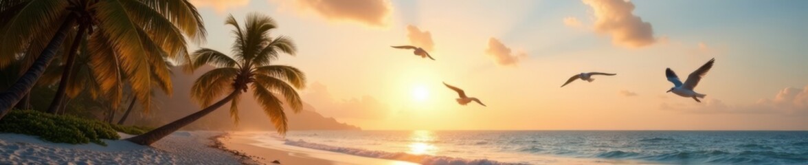Seagulls flying overhead amidst a cluster of swaying palm trees on a sandy beach at dawn, beach, natural colors